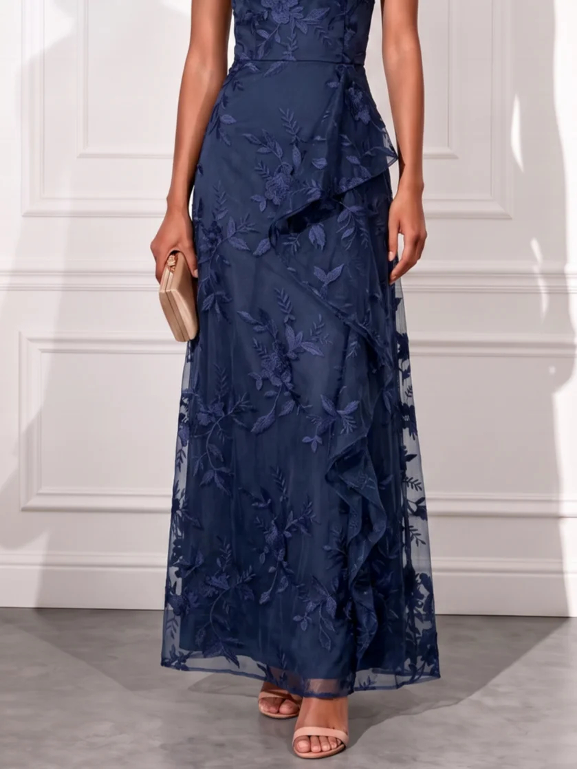 Navy Blue One Shoulder Floral Embroidery Ruffled Maxi Dress