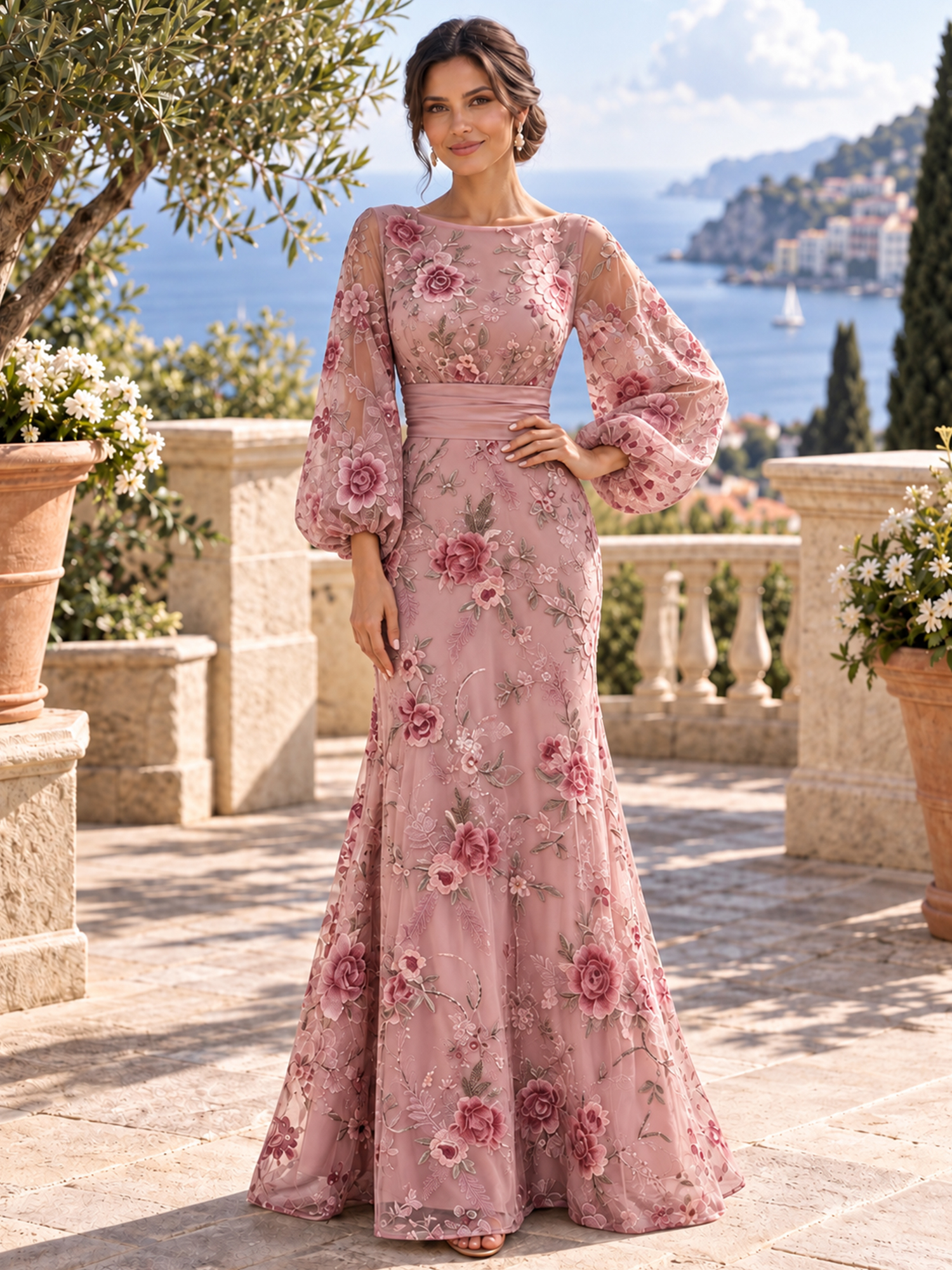 Dusty Pink Boat Neck Long Puff Sleeve 3D Floral Appliqué Mermaid Floor-Length Maxi Dress