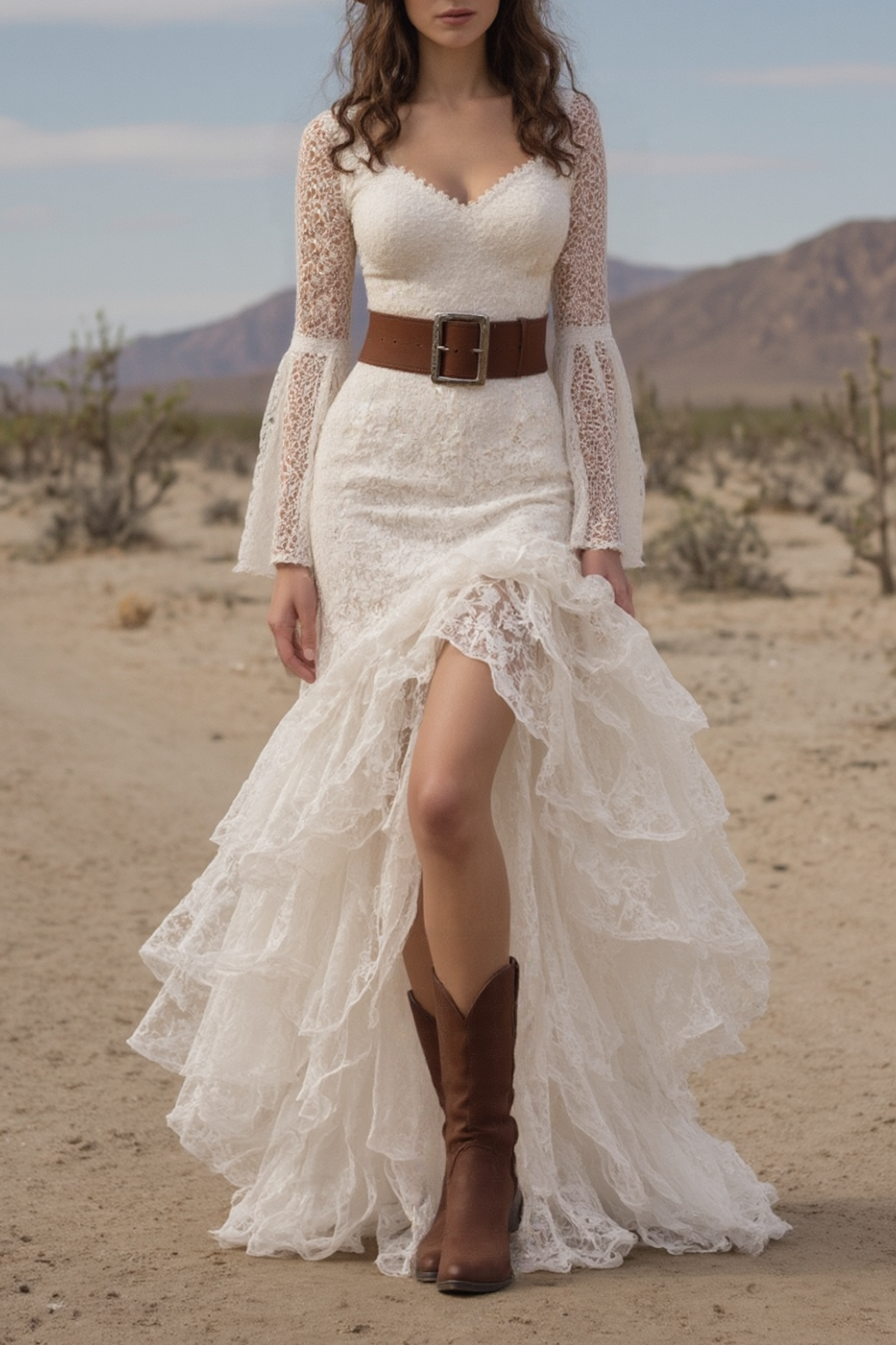 Bohemian Tiered Lace Dress White V Neck Belted Maxi Dress