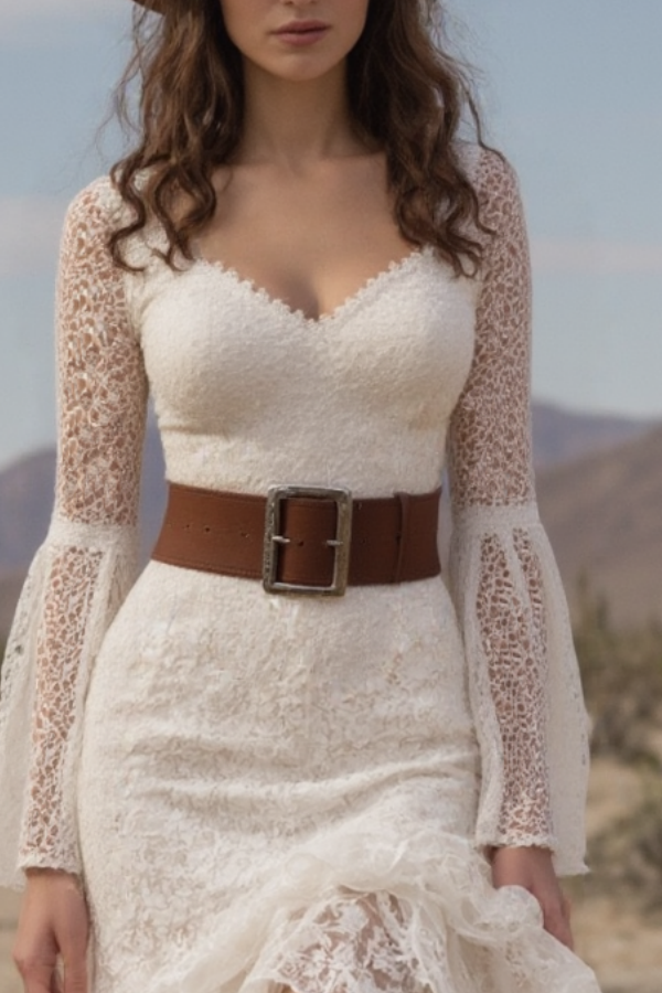 Bohemian Tiered Lace Dress White V Neck Belted Maxi Dress