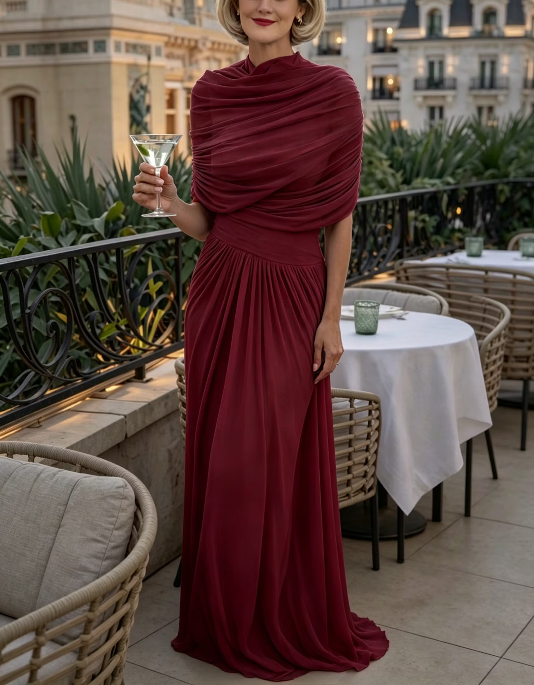 Light Blue Draped Mock‑Neck Chiffon Layered Wrap A‑Line Maxi Dress