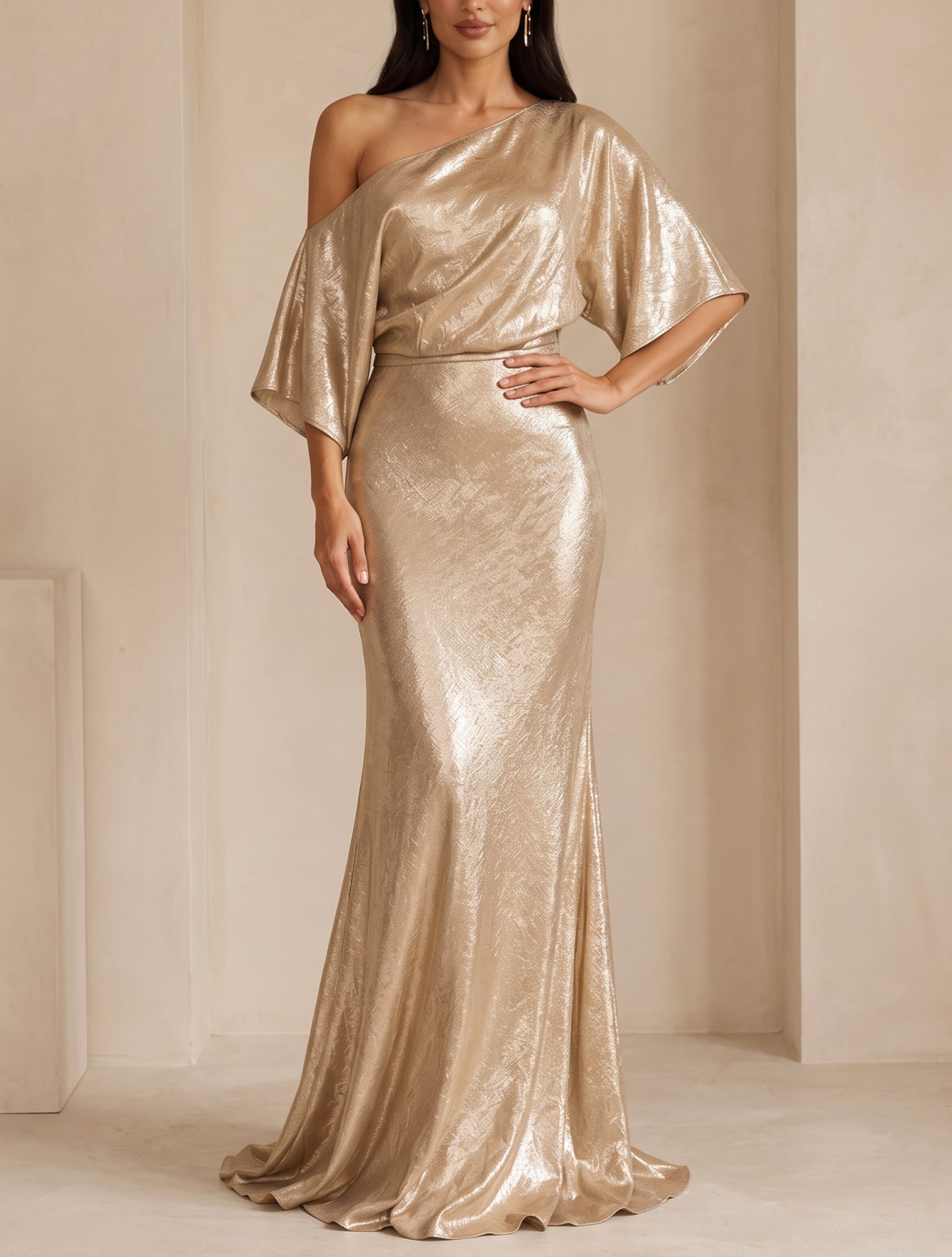 champagne metallic dress One Shoulder Flare Sleeve Mermaid Maxi – vulldy flattering ruching throughout jungle_green Bridesmaid dress Royal Blue Prom Dress Size:EU 34 | US 4-4.5