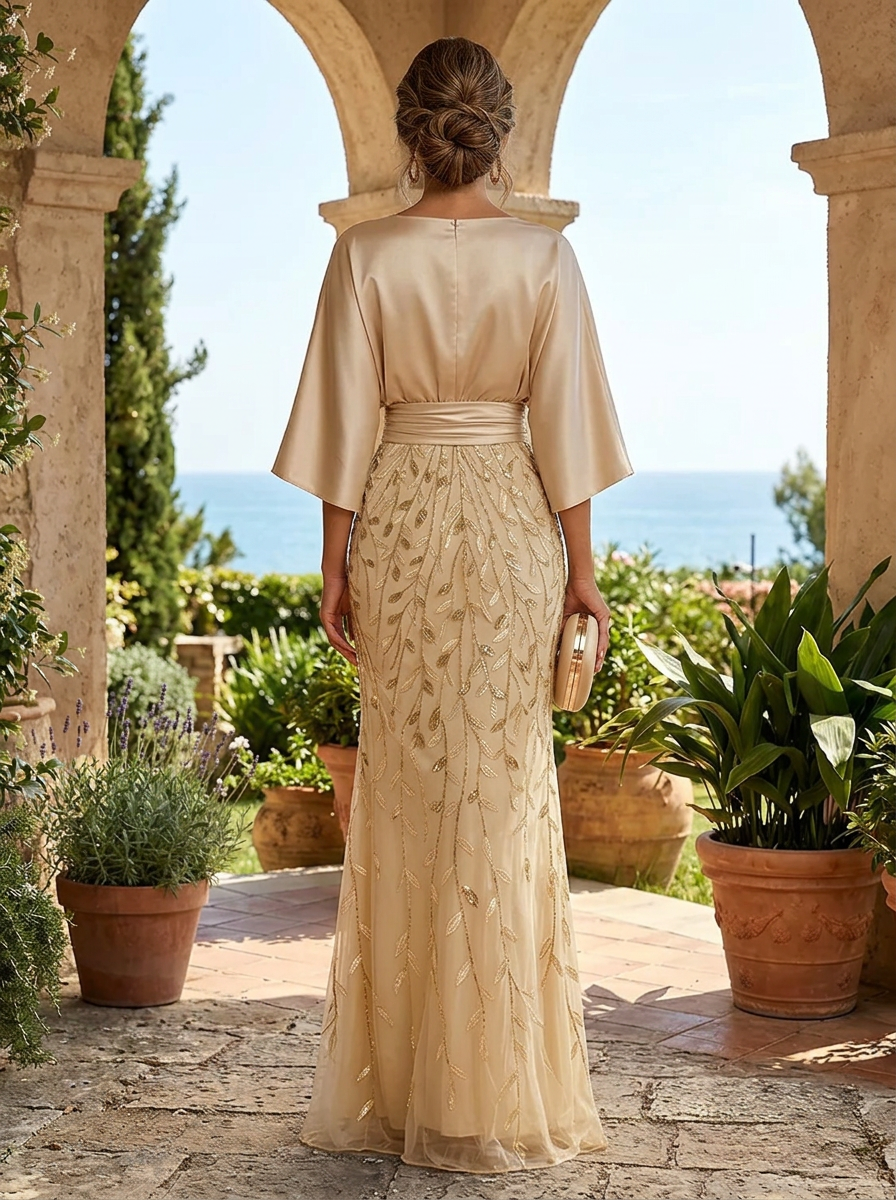 Champagne Satin & Sequin-Embroidered Mermaid Maxi Dress