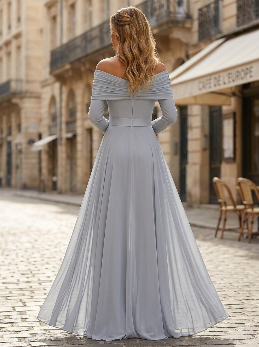 Slate Blue Chiffon Off-the-Shoulder Overlay Jumpsuit