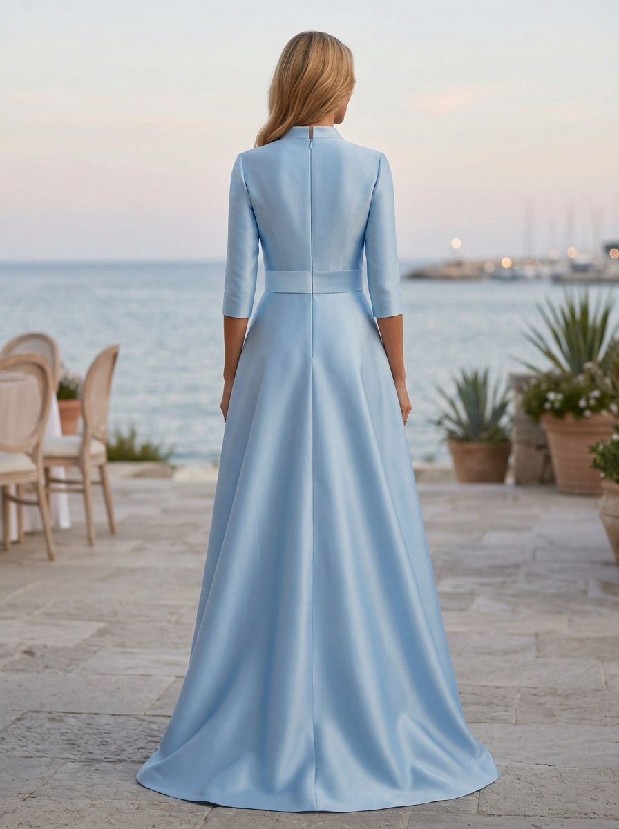 Light Blue Satin Deep V Elbow Sleeve Maxi Dress