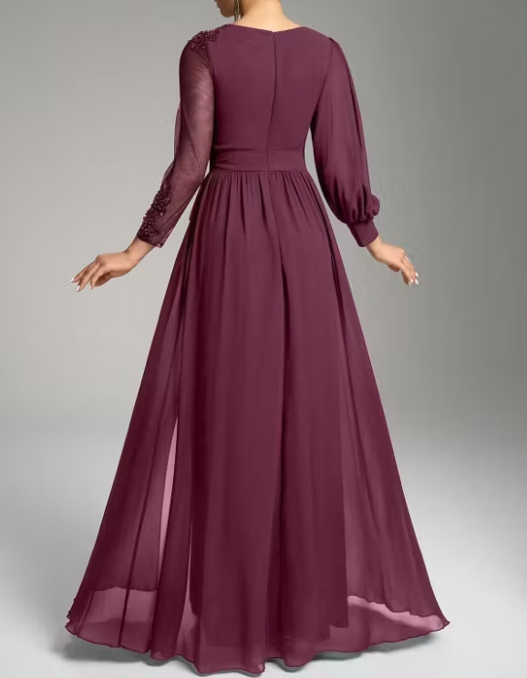 Round Neck Chiffon Lace Sequin Mesh Long Sleeve A‑Line Maxi Dress