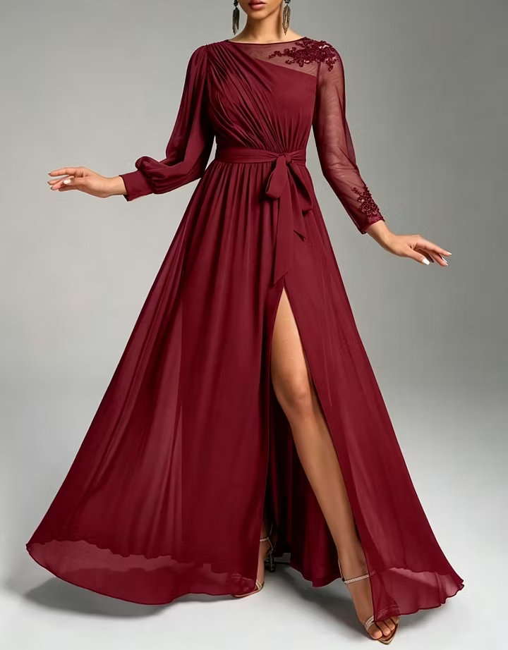 Round Neck Chiffon Lace Sequin Mesh Long Sleeve A‑Line Maxi Dress