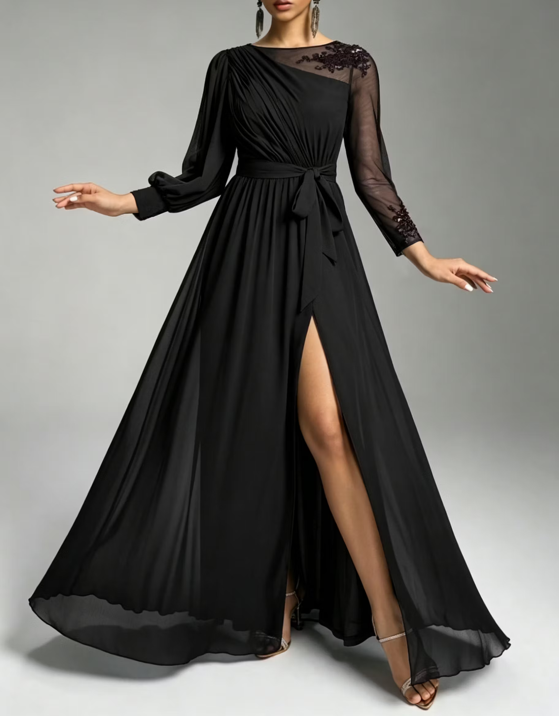 Round Neck Chiffon Lace Sequin Mesh Long Sleeve A‑Line Maxi Dress