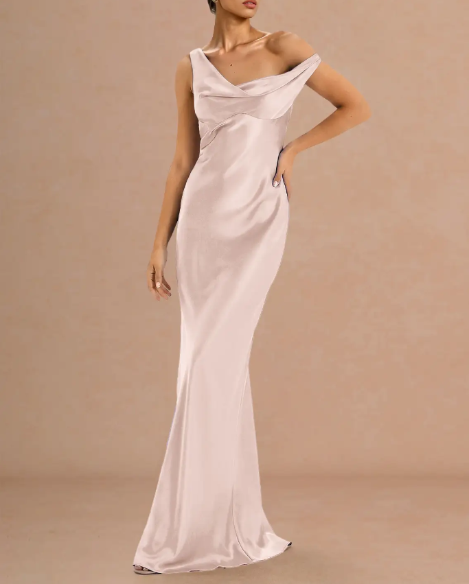 Blush Pink Satin Asymmetrical Draped Mermaid Evening Gown