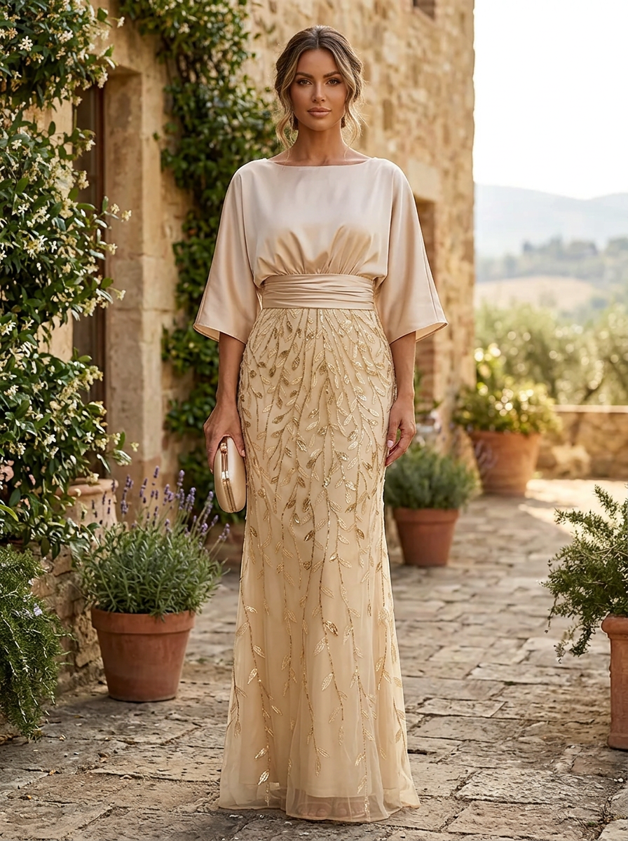 Champagne Satin & Sequin-Embroidered Mermaid Maxi Dress