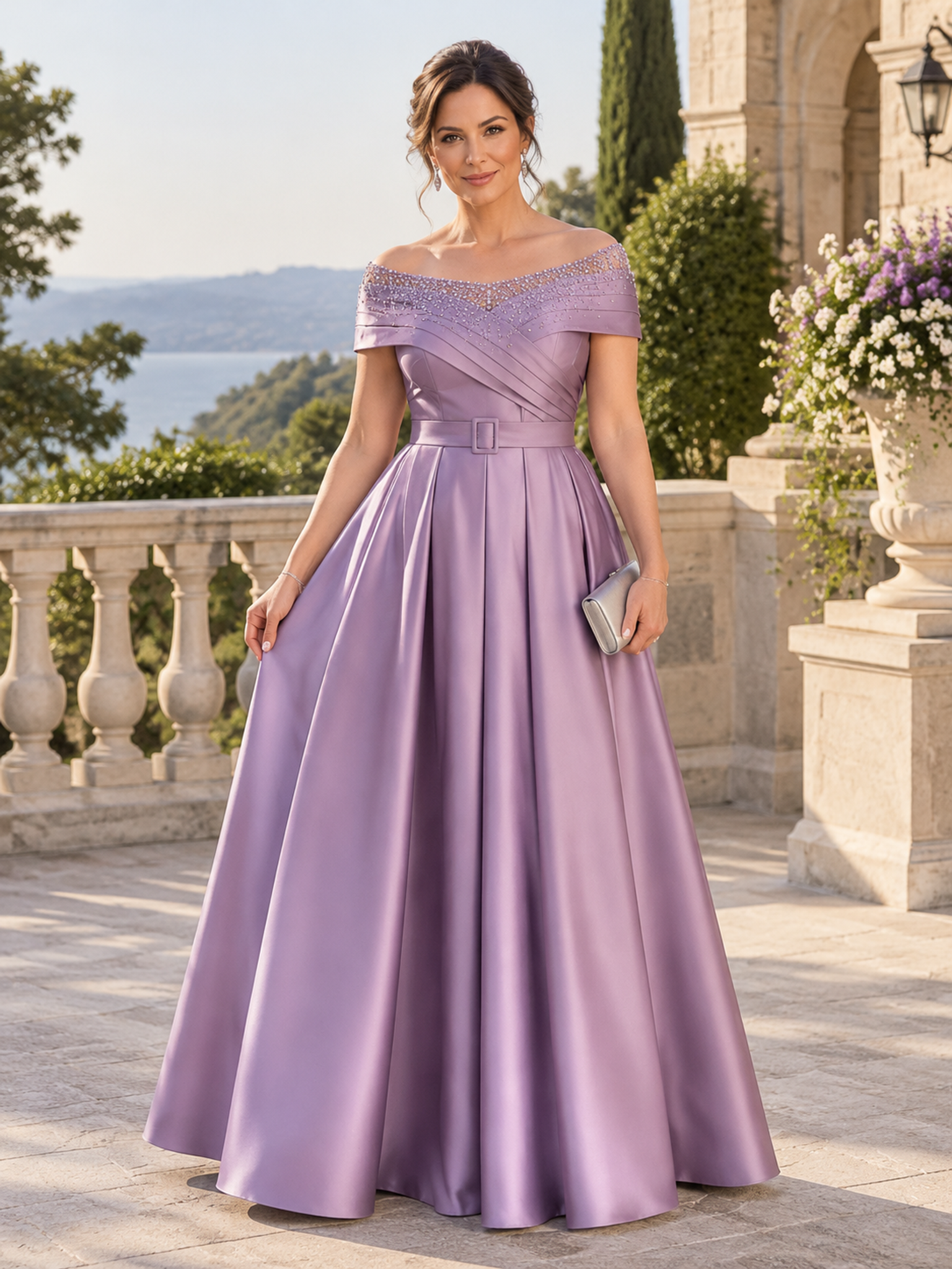 Lavender Off Shoulder Beaded Belted A-Line Maxi Dress