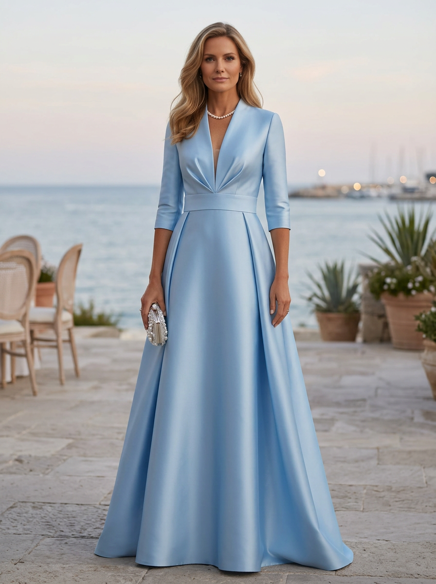 Light Blue Satin Deep V Elbow Sleeve Maxi Dress