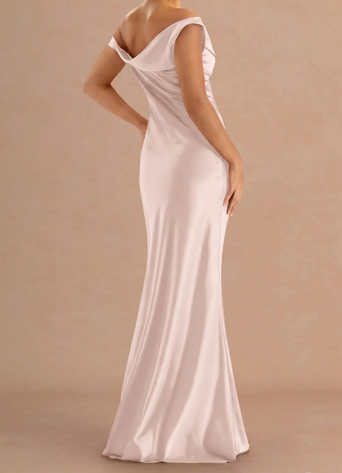 Blush Pink Satin Asymmetrical Draped Mermaid Evening Gown