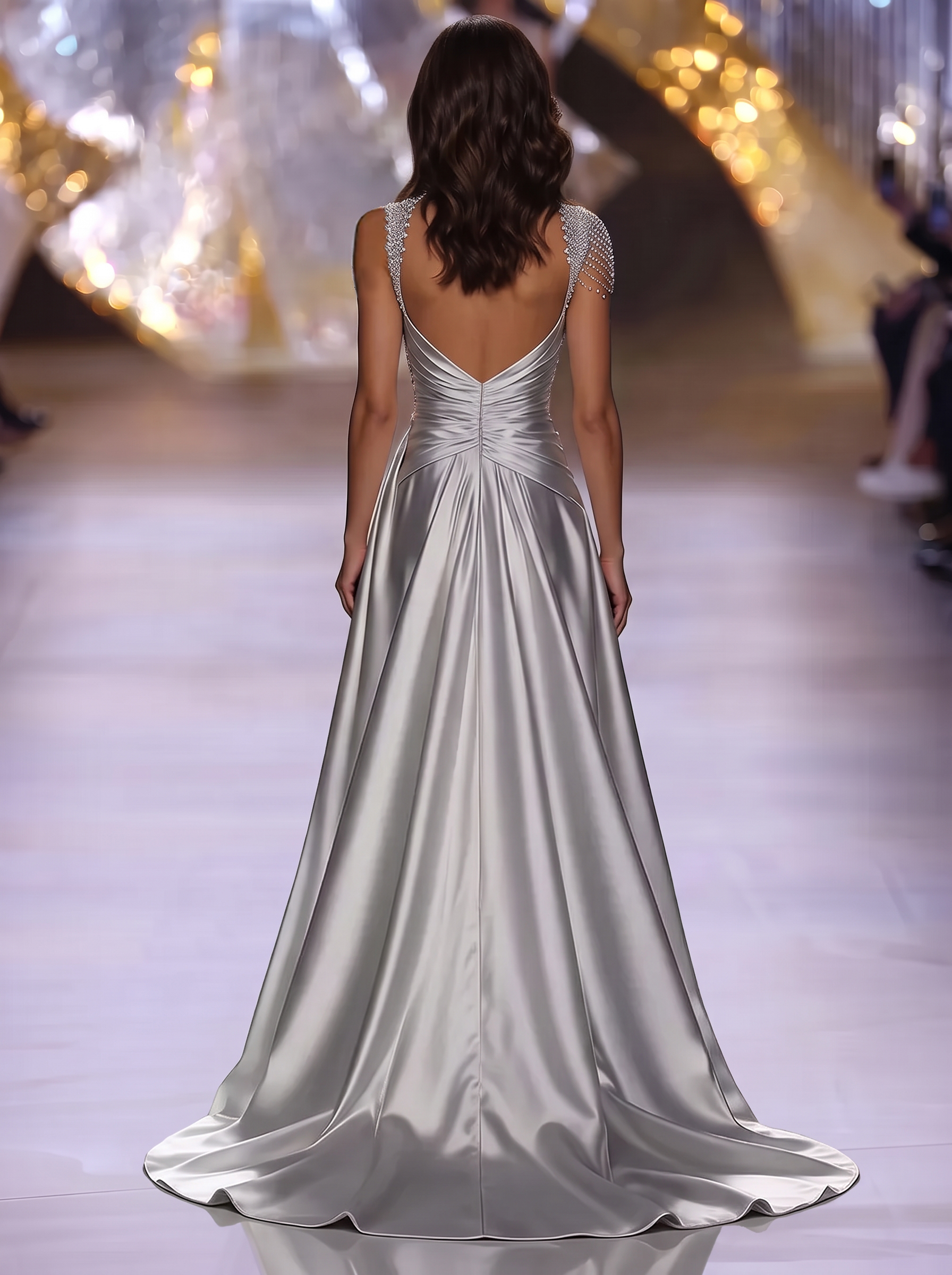 Silver Grey Deep V-Neck Draped Satin Metallic Mermaid Maxi Dress