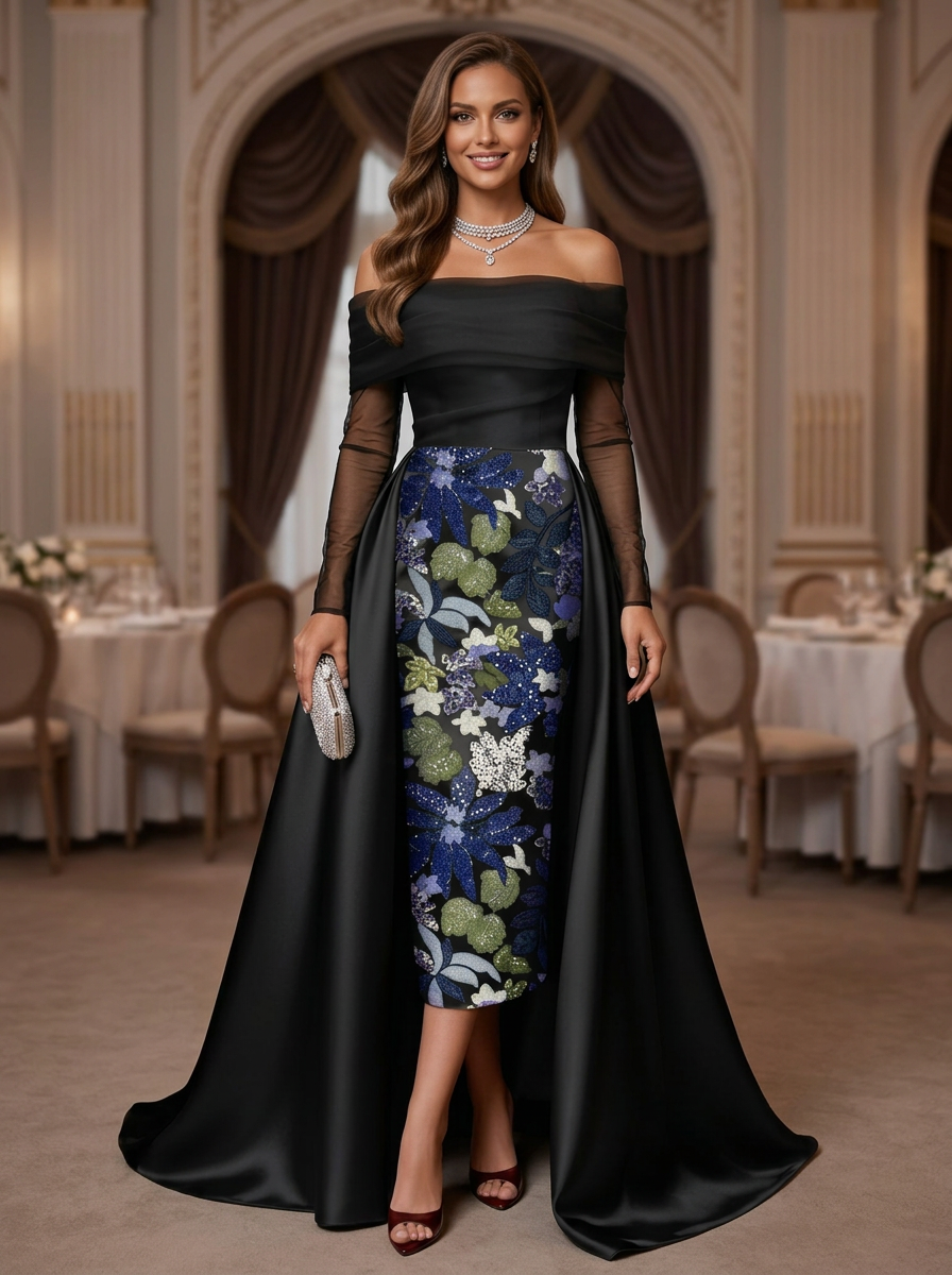 Mesh Satin Off-The-Shoulder Sequined Embroidered Maxi Dress