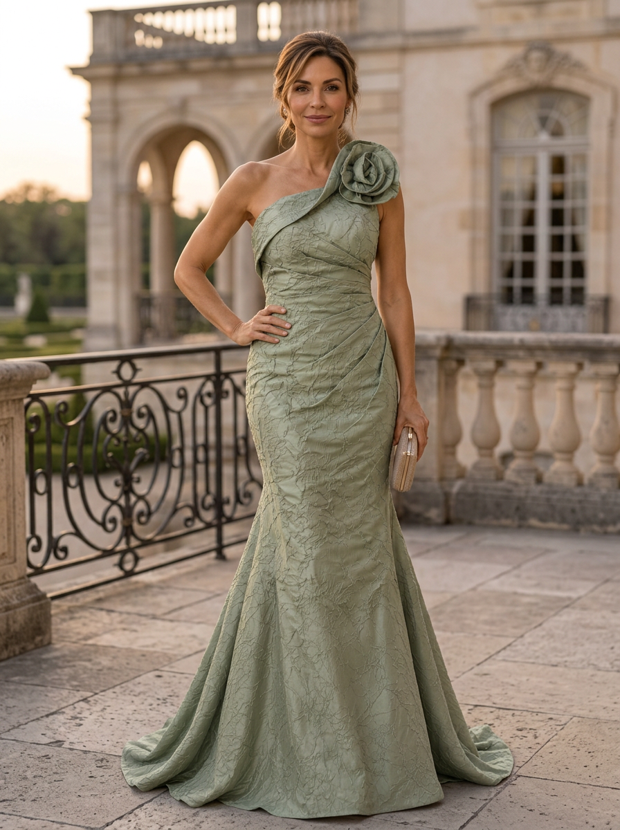 Sage Green One Shoulder Floral Appliqué Mermaid Maxi Dress