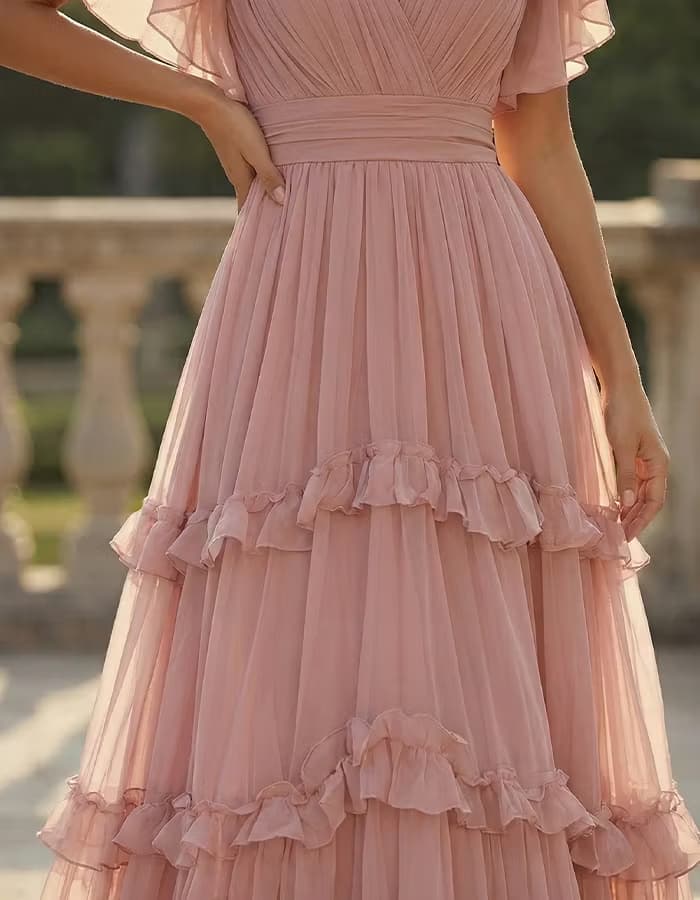 Blush Pink V-Neck Ruffled Tiered Chiffon Dress