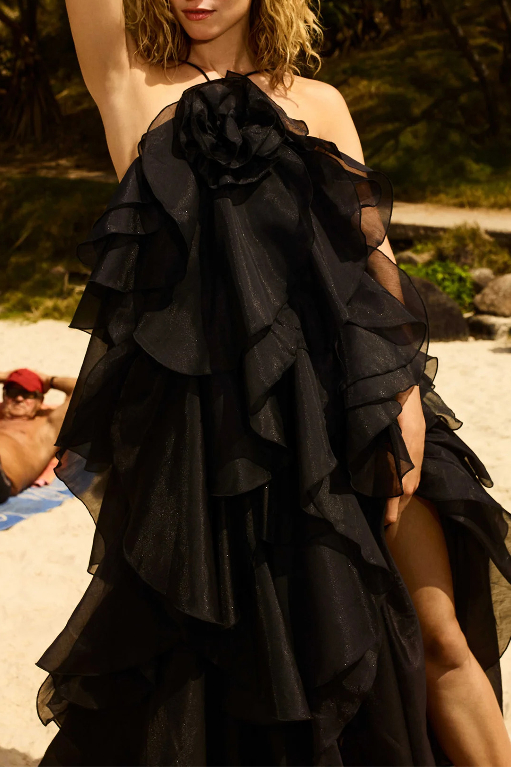 3D Flower Halter Neck Frill Maxi Dress