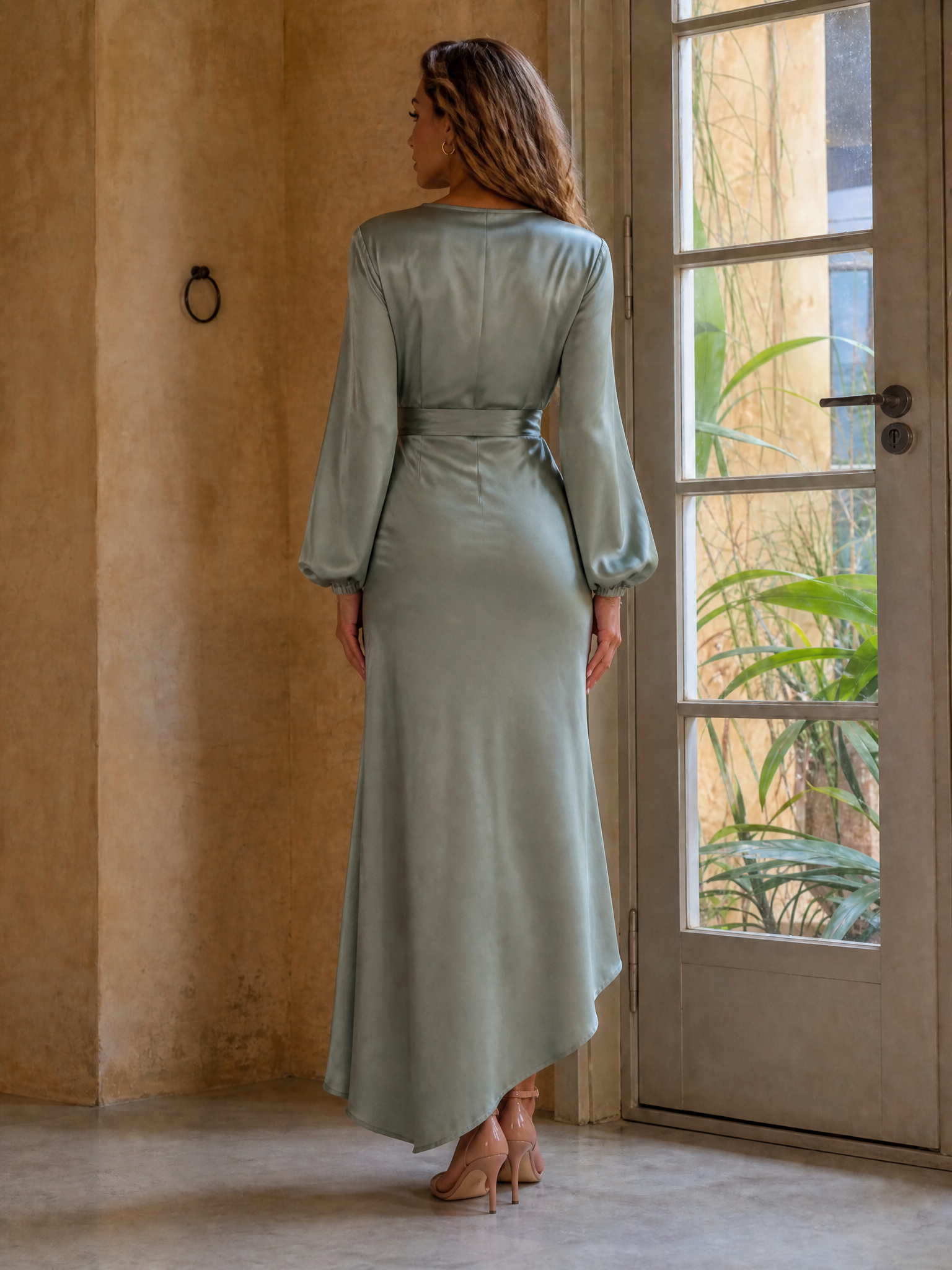 Sage Green Satin Long-Sleeve V-Neck Wrap Maxi Evening Gown Dress