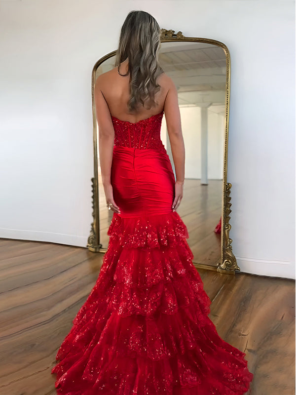 Red Mermaid Strapless Long Satin Prom Dress with Tiered Ruffle Skirt