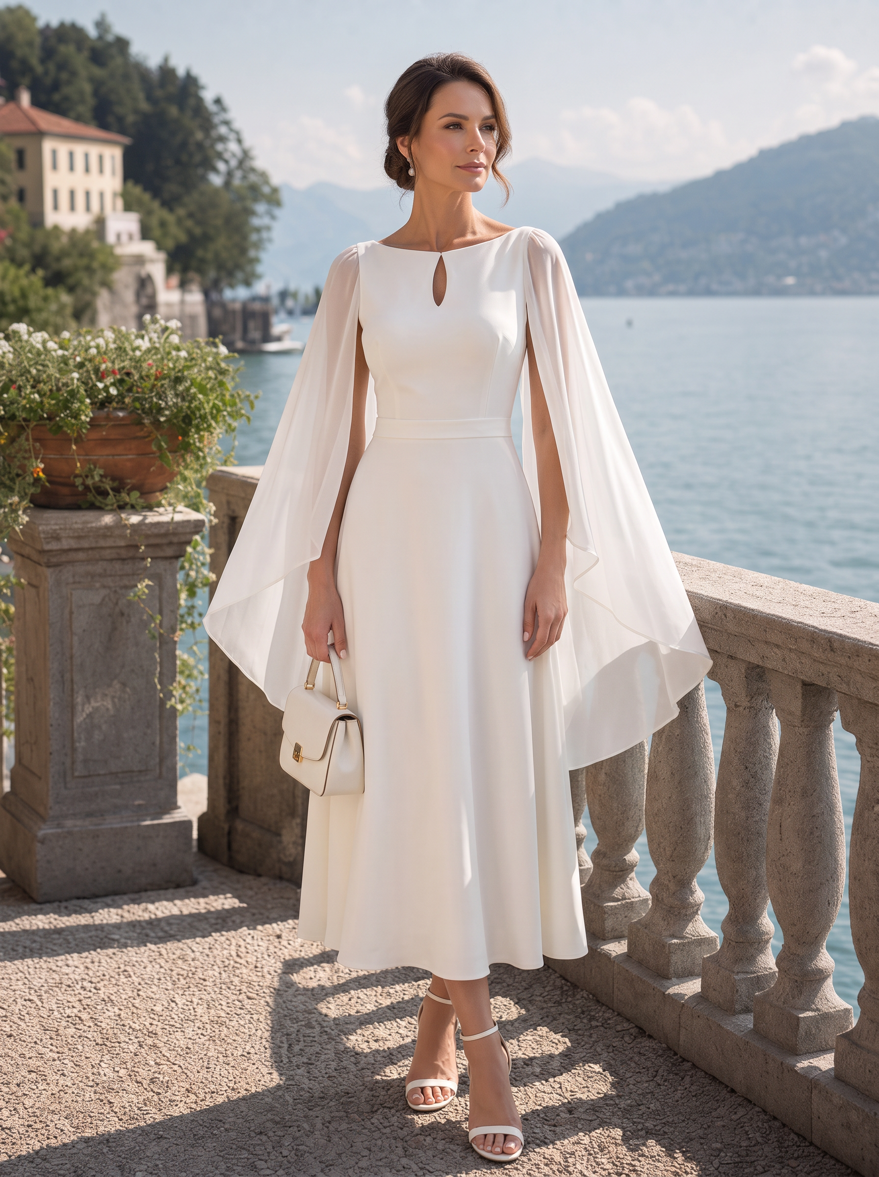 Keyhole-Neck Cape-Sleeve A-Line Midi Dress
