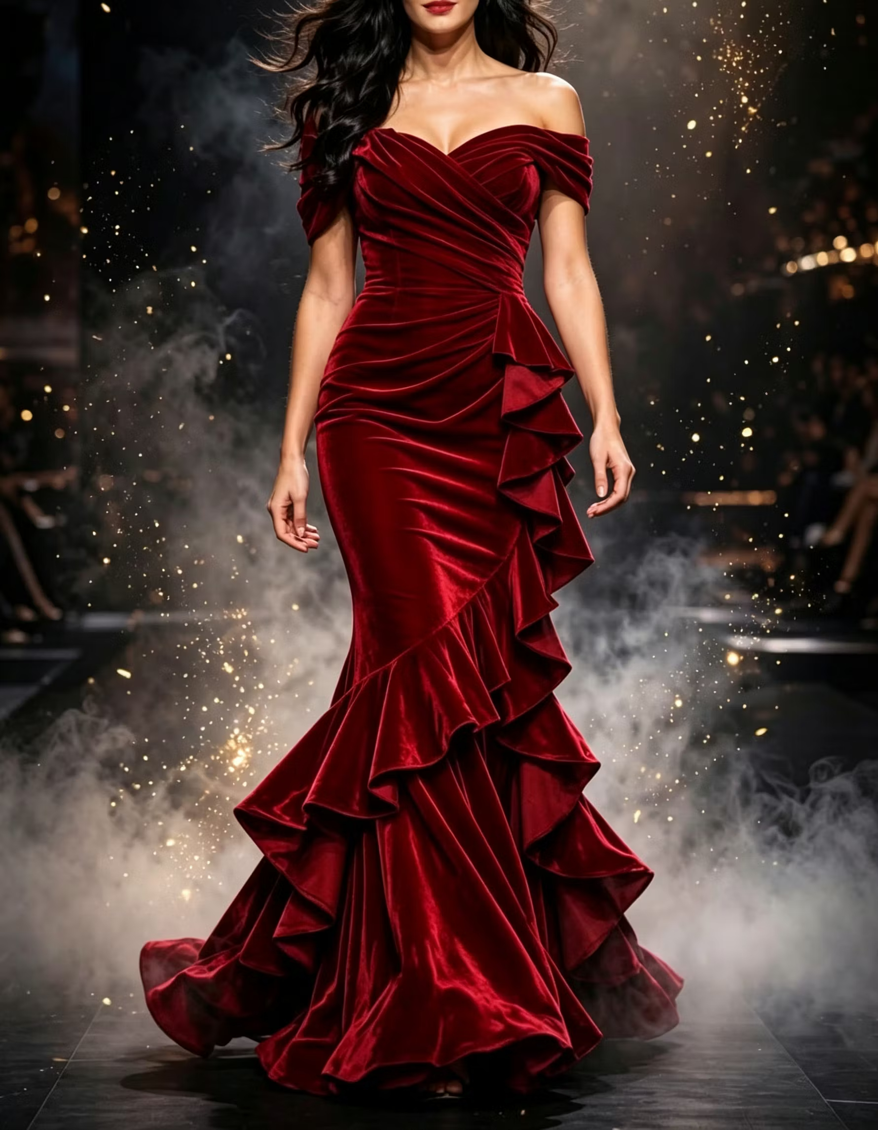 Burgundy Velvet Off Shoulder Ruched Ruffle Mermaid Maxi Dress