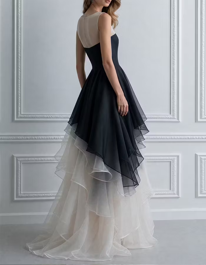 Asymmetrical Layering Of Black And Light Champagne Sleeveless Organza Fabric Maxi Dress