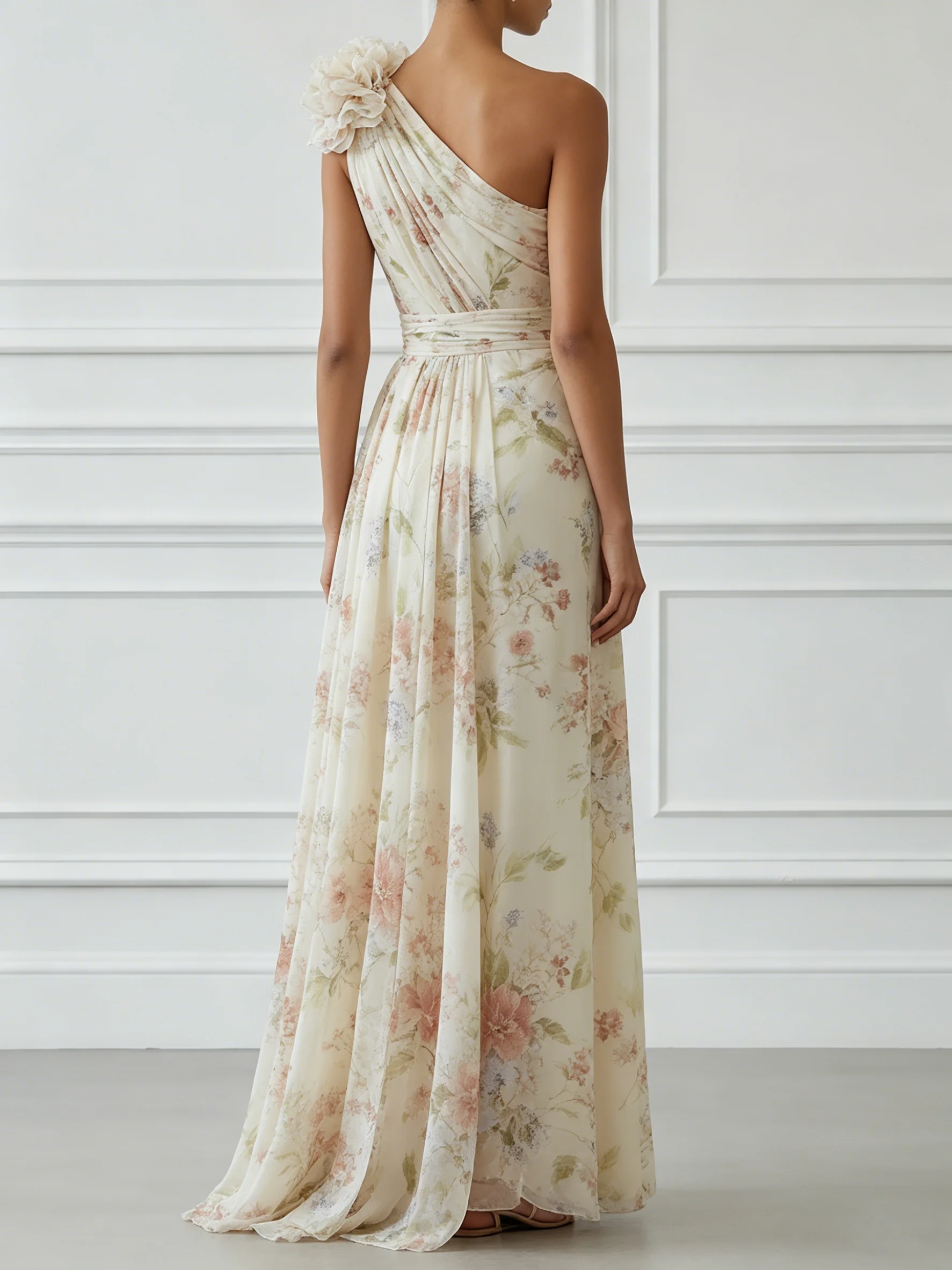 Off White Floral 3D Floral Chiffon One Shoulder Sleeveless A-Line Maxi Dress