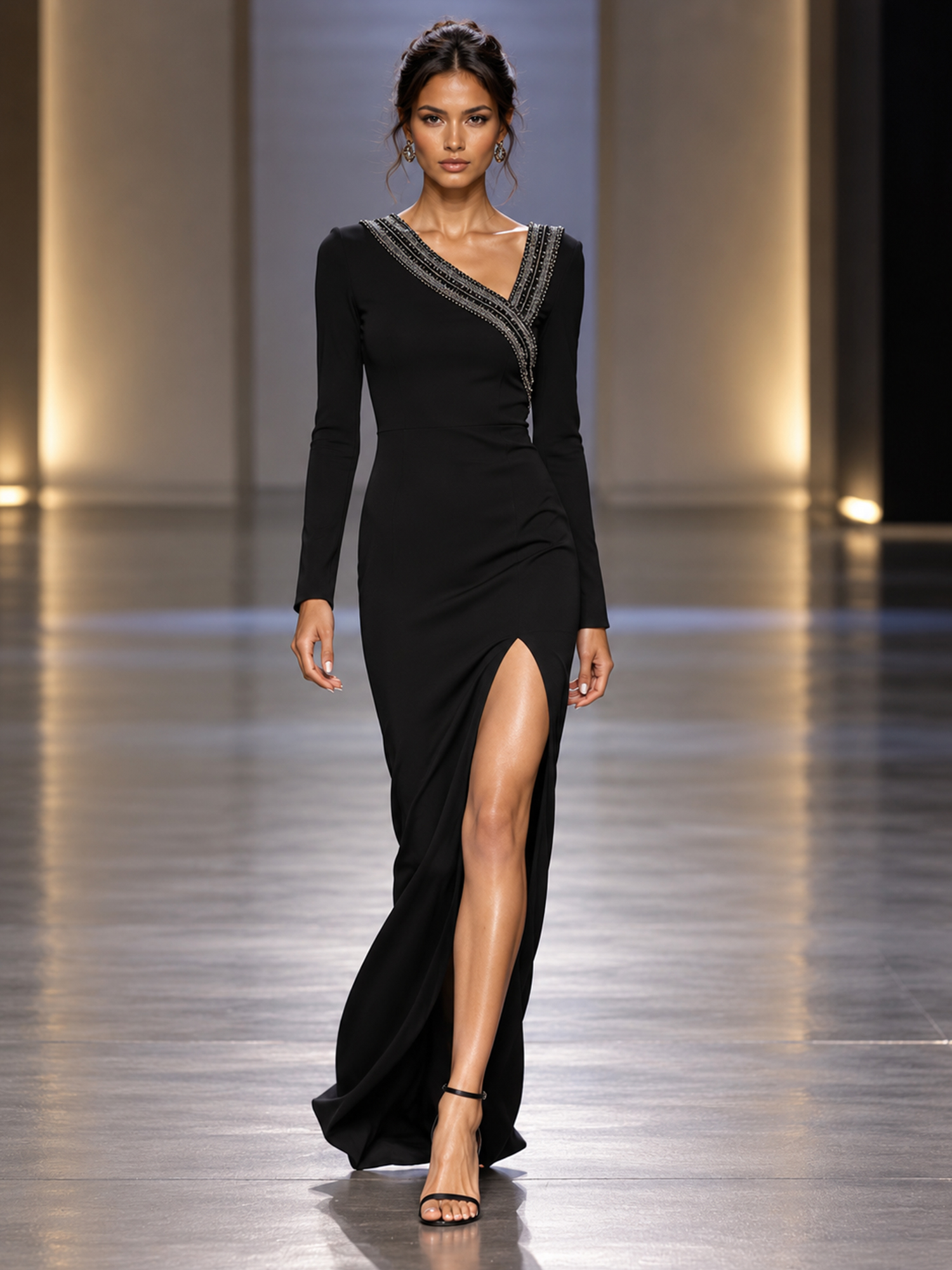 Black Long Sleeve Beaded High Slit Mermaid Maxi Dress