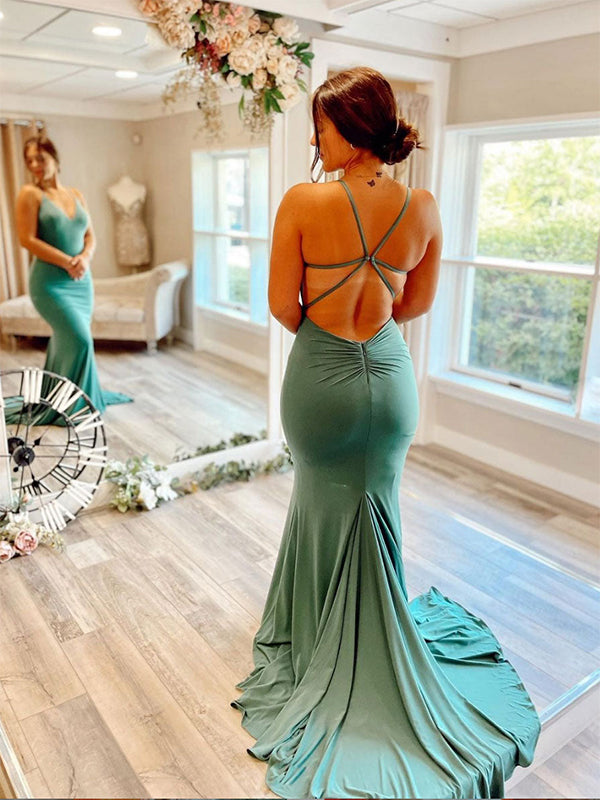 Green Mermaid Spaghetti Straps V-Neck Satin Long Prom Dress