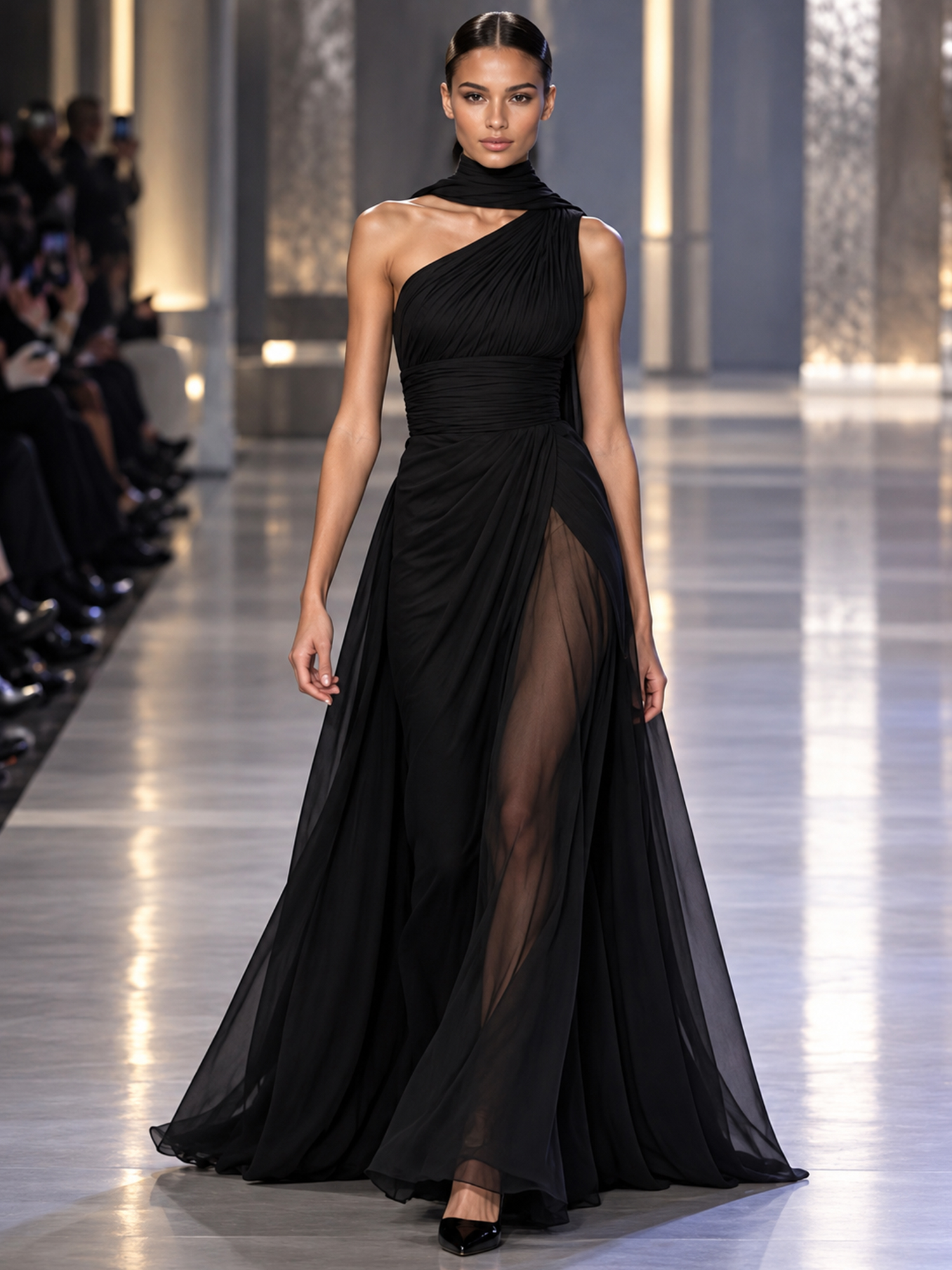 Black One Shoulder High Neck Slit Chiffon Maxi Dress