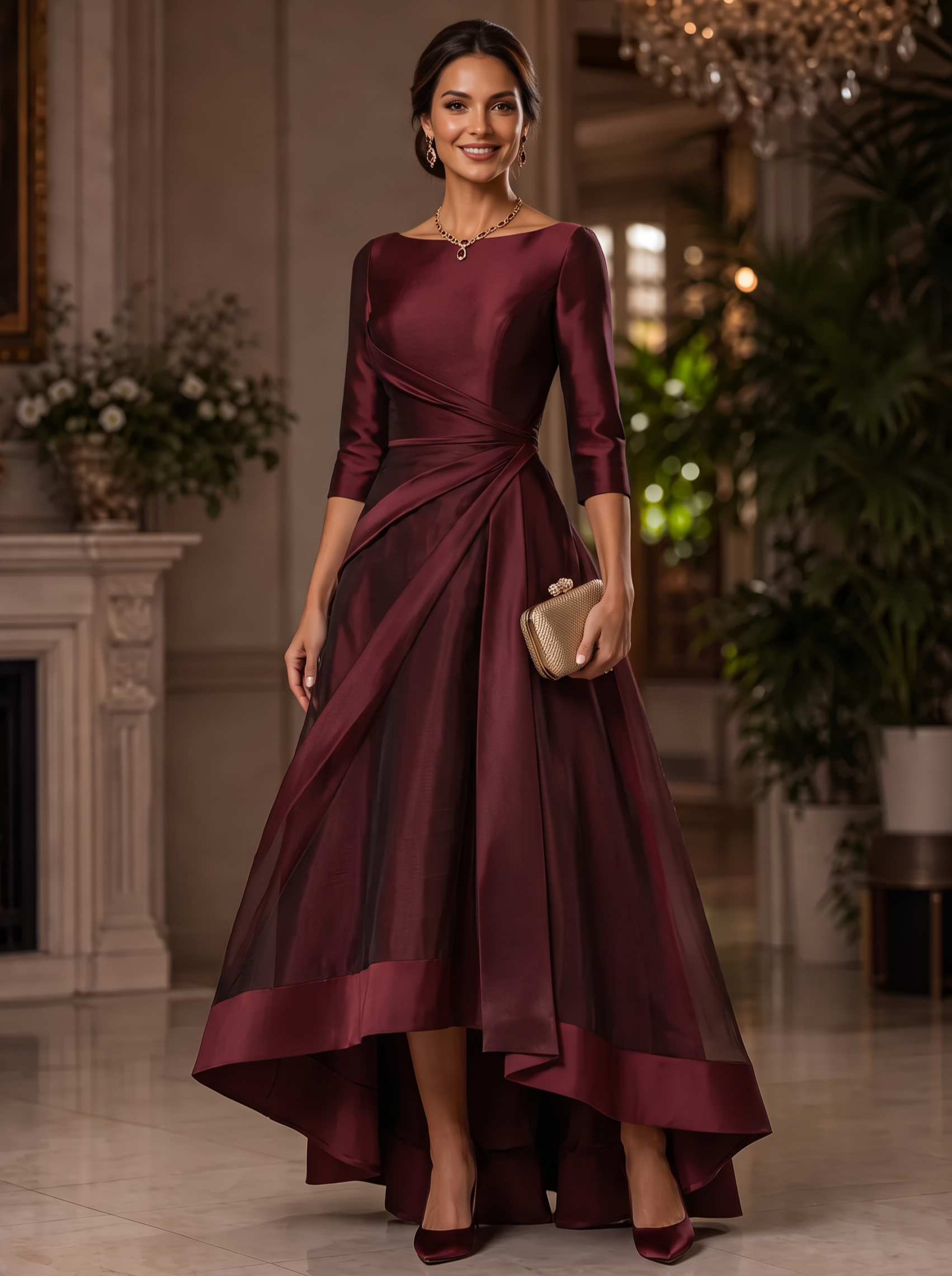 Burgundy Draped Waist Organza High-Low Maxi Dress