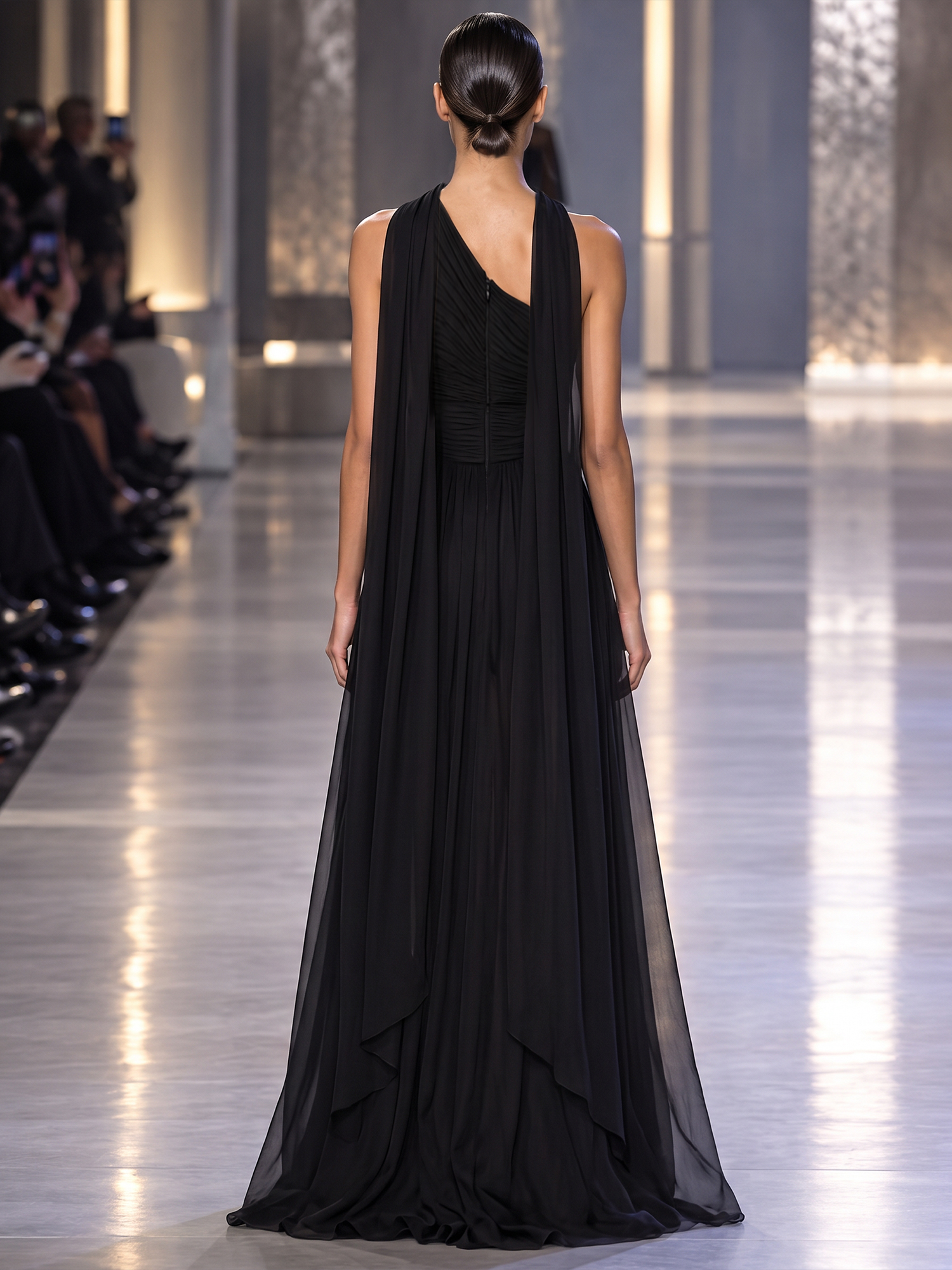 Black One Shoulder High Neck Slit Chiffon Maxi Dress