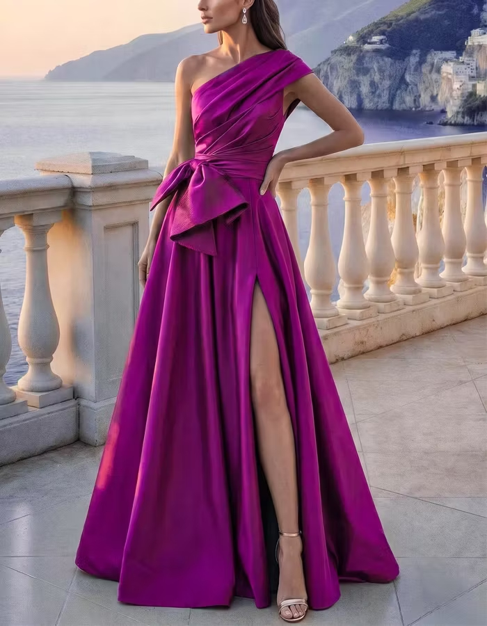 Solid Color Satin One Shoulder Draped Maxi Dress