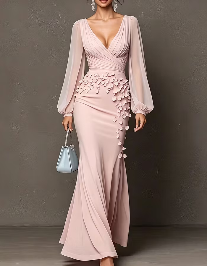 Deep V Sheer Puff Sleeve 3D Petal Chiffon Maxi Dress