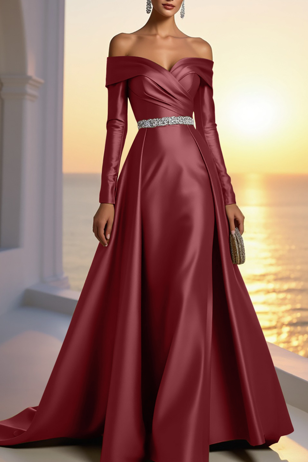 Formal Gold Satin Dress Off The Shoulder Long Sleeve Maxi Gown