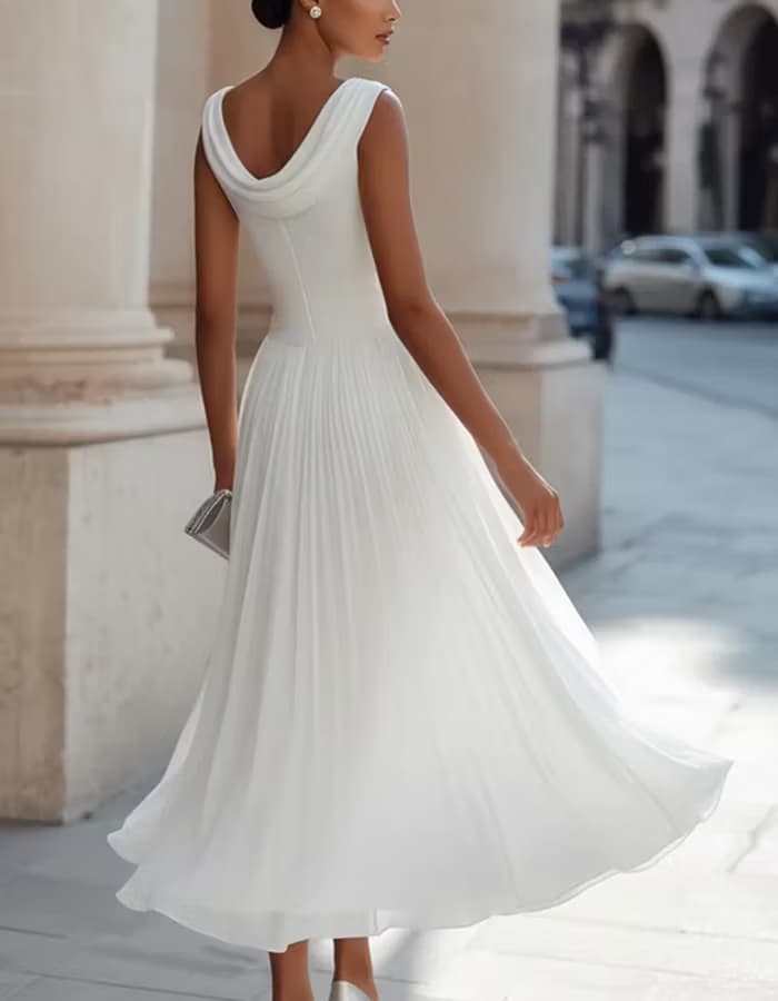 Elegant White Sleeveless Cowl Neck Midi Dress with Pleated Flowy Dresses
