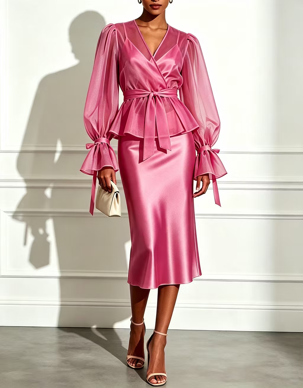 Champagne Chiffon Puff‑Sleeve Overlay Top with Belt & Satin Cami Midi Dress