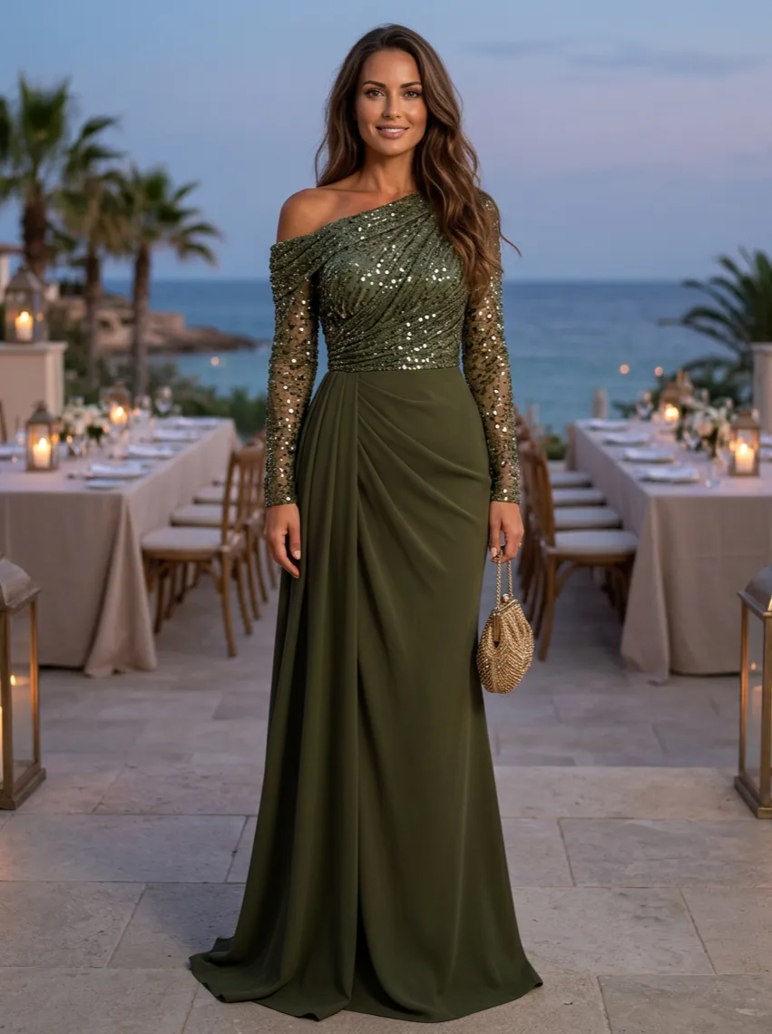 Olive Green One-Shoulder Long Sleeve Sequin Chiffon Maxi Dress