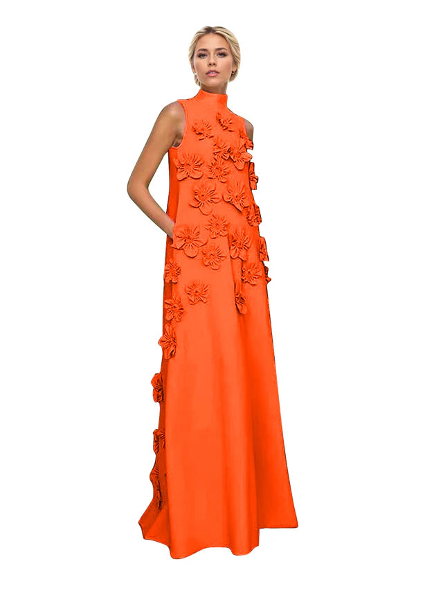A Line High Neck Sleeveless Floor Length Stretch Crepe Dress With 3D Flowers