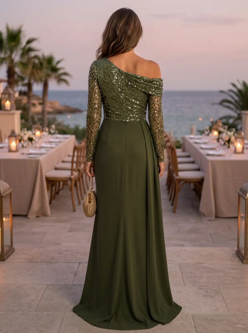 Olive Green One-Shoulder Long Sleeve Sequin Chiffon Maxi Dress