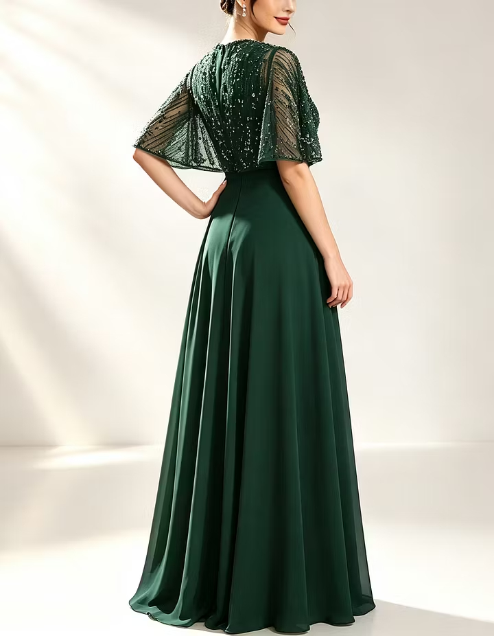 Emerald Green Sequin Beaded Cape Sleeve Round Neck Chiffon A-Line Maxi Dress