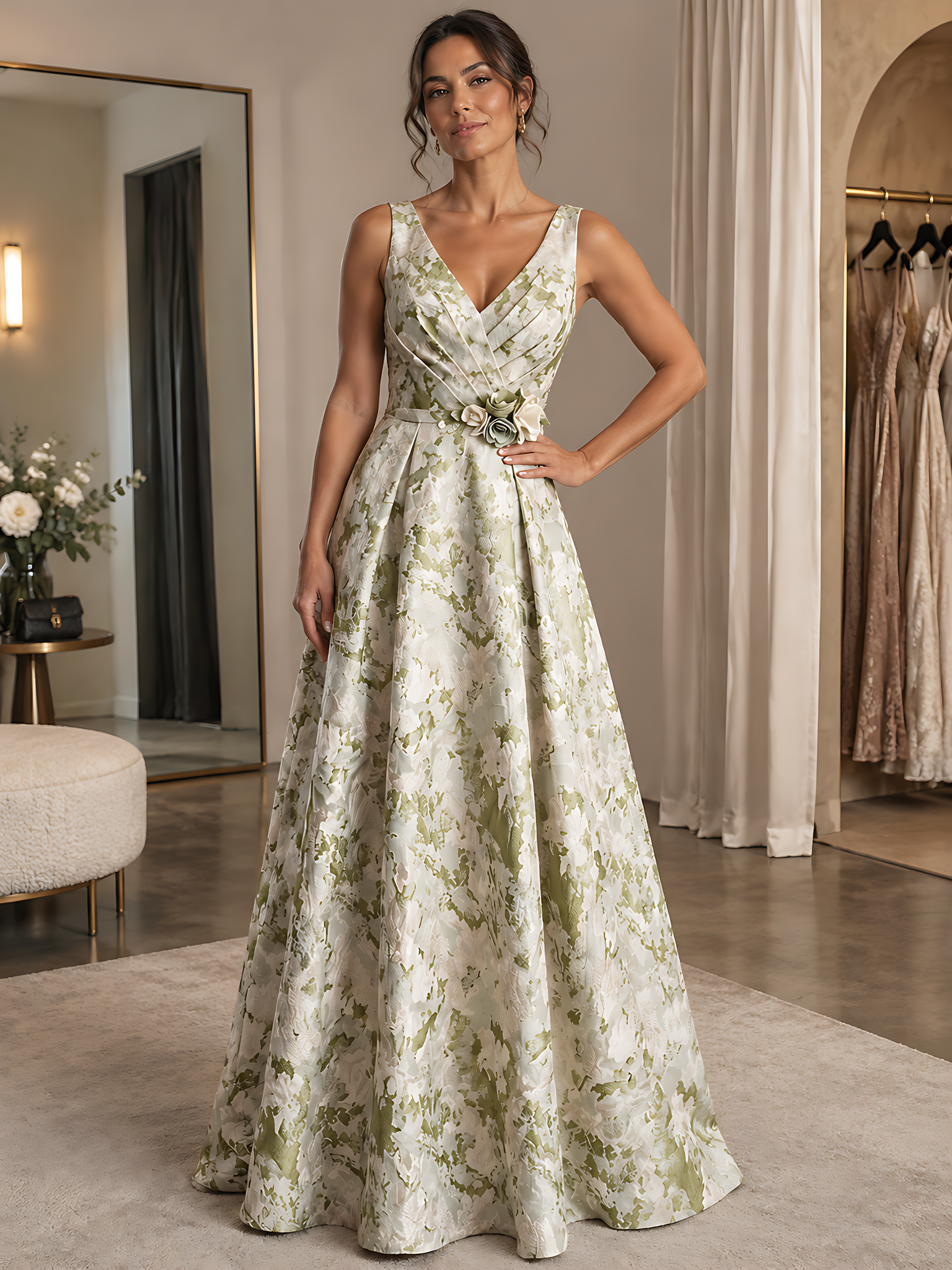Sage Green V-Neck Sleeveless Floral Brocade A-Line Maxi Dress