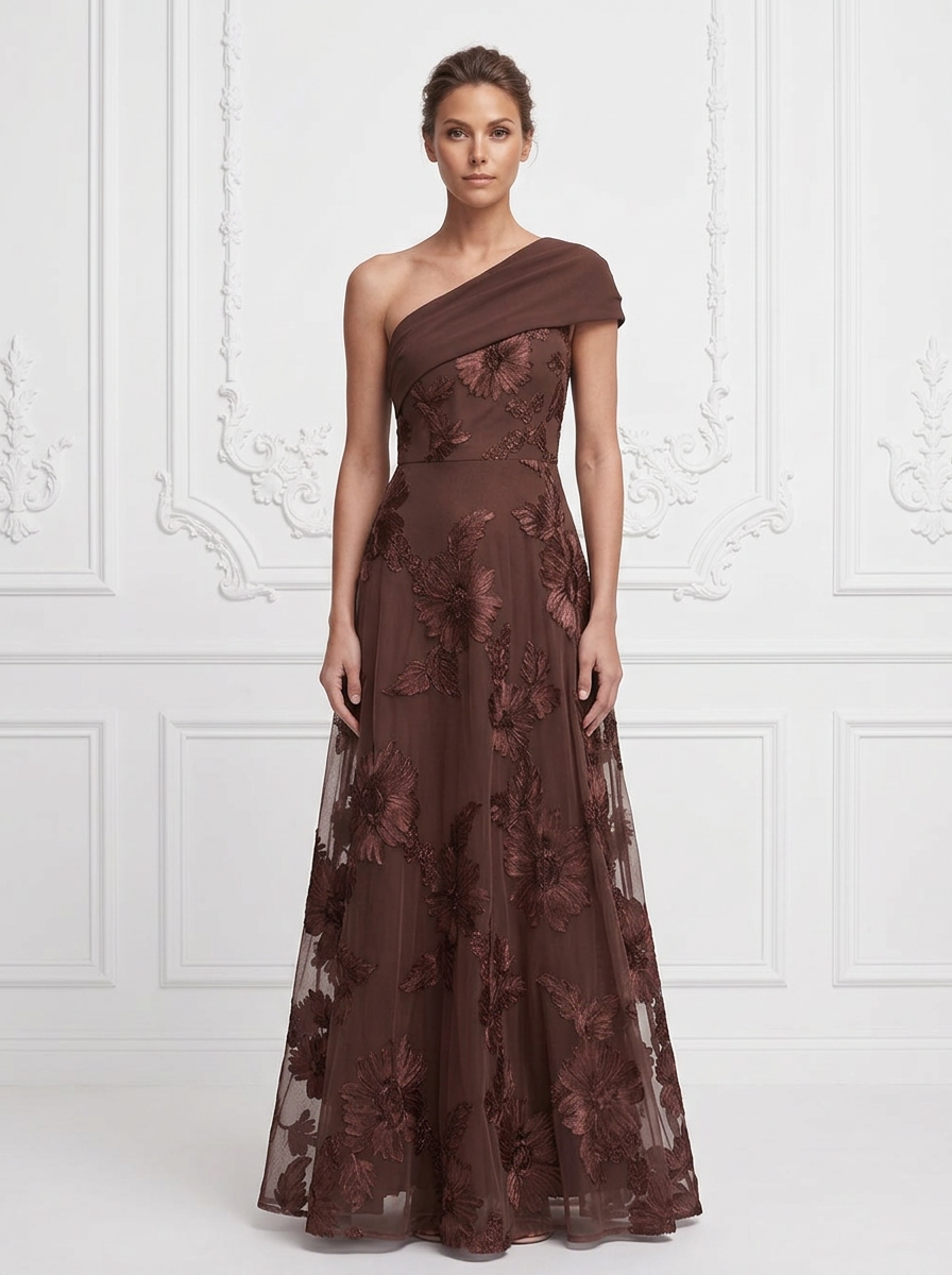 Coffee One-Shoulder Floral Appliqué A-Line Maxi Dress