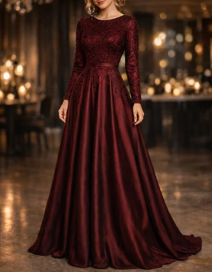 Burgundy Round Neck Lace Embroidered Satin Long‑Sleeve A‑Line Maxi Dress