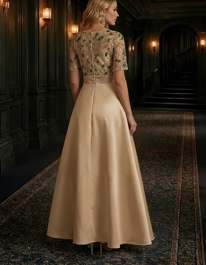 Champagne V-Neck Short Sleeve Floral Embroidery A-Line Midi Dress