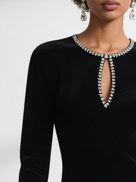 Black 3D Floral Rhinestone Velvet Crew Neck Long Sleeve Sheath Mini Dress