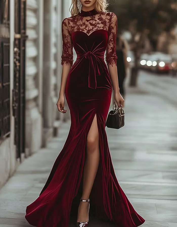 Burgundy High‑Neck Illusion Lace Three‑Quarter‑Sleeve Velvet Mermaid Maxi Dress
