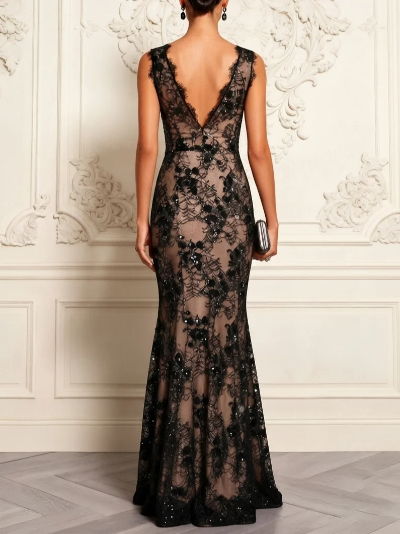 Black Glitter Lace V Neck Sleeveless Mermaid Gown Dress