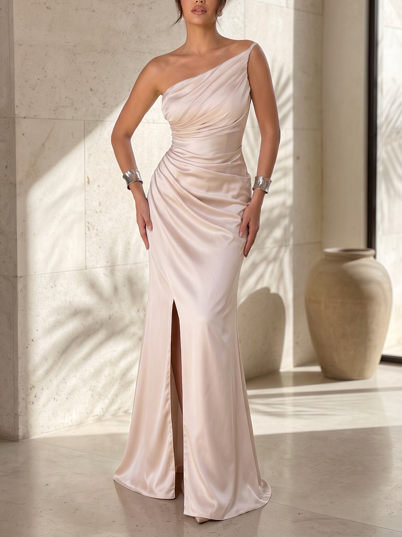 Champagne Satin One Shoulder Slit Mermaid Maxi Dress